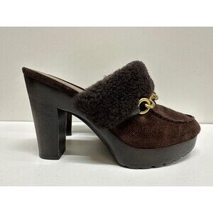COACH Idyle women size 8.5B brown suede/shearling buckle platform mules/clogs